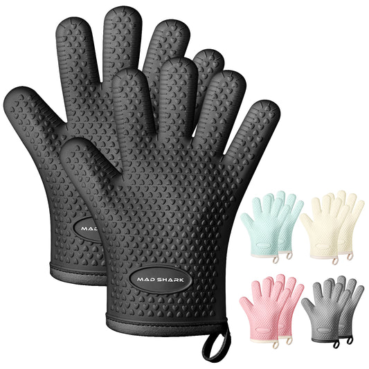 MAD SHARK Silicone Oven Mitts Heat Resistant 450°F, Waterproof & Non-Slip Oven Gloves with Fingers