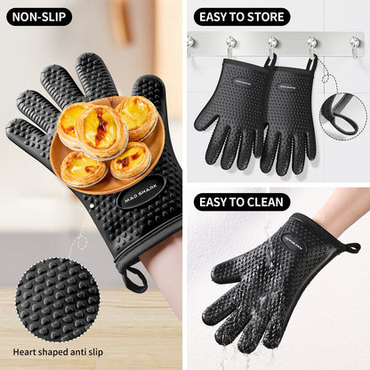 MAD SHARK Silicone Oven Mitts Heat Resistant 450°F, Waterproof & Non-Slip Oven Gloves with Fingers