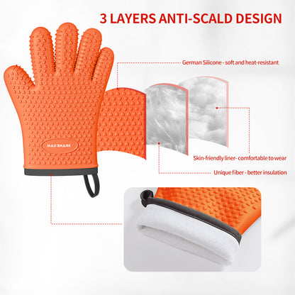 MAD SHARK Silicone Oven Mitts Heat Resistant 450°F, Waterproof & Non-Slip Oven Gloves with Fingers