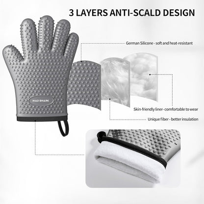 MAD SHARK Silicone Oven Mitts Heat Resistant 450°F, Waterproof & Non-Slip Oven Gloves with Fingers